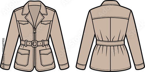 Stylish technical flat fashion drawing of a belted safari or field jacket with four flap pockets and shoulder epaulettes, showing front and back views for high-quality apparel design templates.