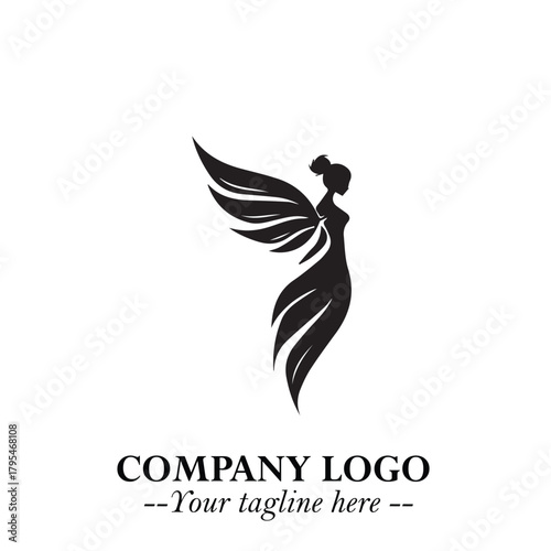 Elegant Black Angel Woman Silhouette Logo Symbol on White Background