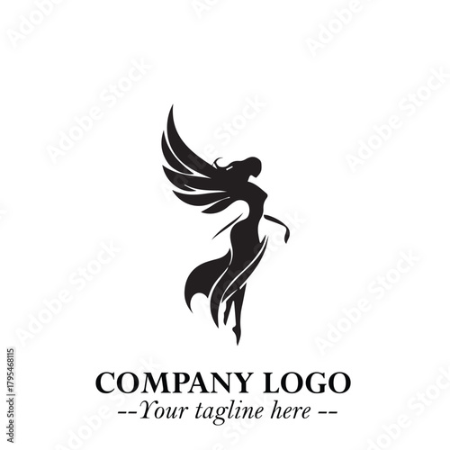 Elegant Black Angel Woman Silhouette Logo Symbol on White Background