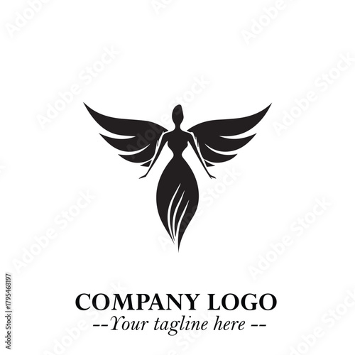 Elegant Black Angel Woman Silhouette Logo Symbol on White Background