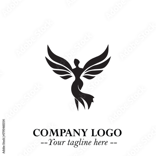 Elegant Black Angel Woman Silhouette Logo Symbol on White Background