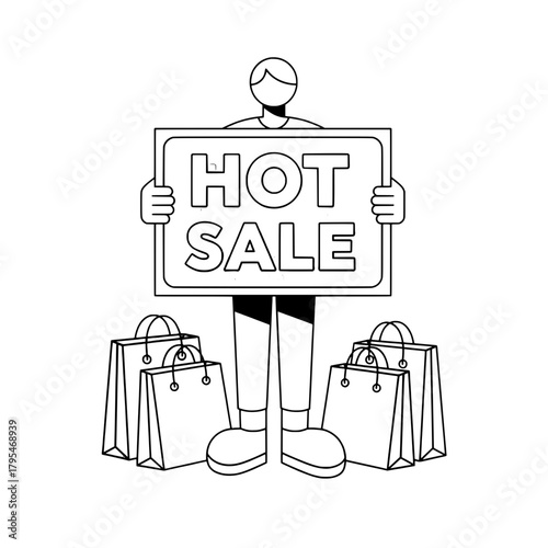 Man holding signboard promoting sale event featuring shopping bags background monochrome