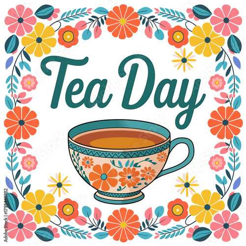 A cheerful illustration celebrating tea day with a decorative teacup surrounded by a vibrant floral border, perfect for festive greetings and promotions