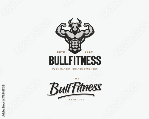 Strong bull flexing muscle logo template for sport and fitness gym brand