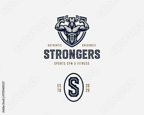Strong bull flexing muscle logo template for sport and fitness gym brand