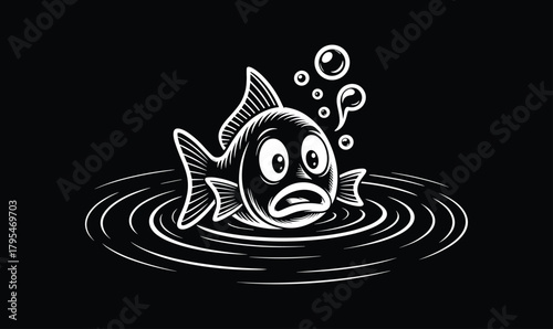 Shocked Cartoon Fish Gasps for Air Engraving Style White Outline on Black Water Ripple Vector