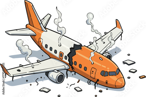 Cartoon Orange Airplane Crash Vector Illustration – Broken Aircraft, Thick Smoke, Wreck Scene