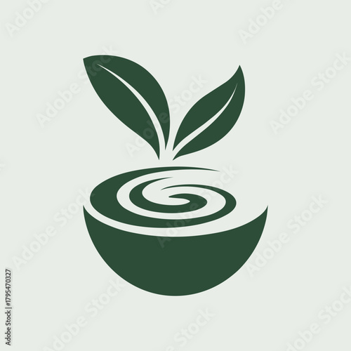 Minimalist Green Tea Bowl with Swirl and Leaves Logo Healthy Organic and Natural Spa Icon