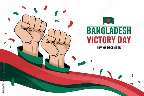 Two raised fists in green and red fabric with confetti, celebrating bangladesh victory day on december 16th