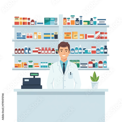 Pharmacist behind counter with medicine shelves