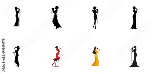 Silhouettes of female singers in various poses