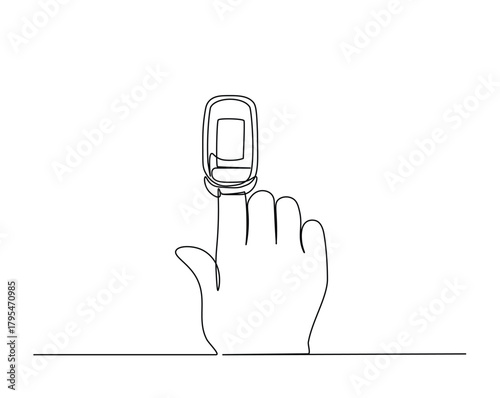 Pulse oximeter device on finger outline illustration. Continuous line drawing of oximeter on finger.