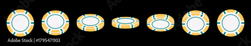 Vector illustration of a spinning poker chip shown from multiple angles. Flat style, perfect for animation, casino, poker, and gambling projects.