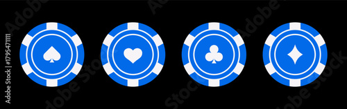 Vector illustration of a poker chip set with different suit symbols instead of denominations. Flat style, colorful chips for casino, poker, and gambling projects.