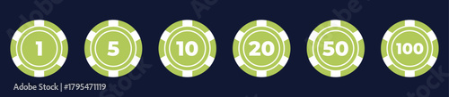 Vector illustration of a poker chip set with different designs and denominations. Flat style, colorful and modern chips for casino, poker, and gambling projects.