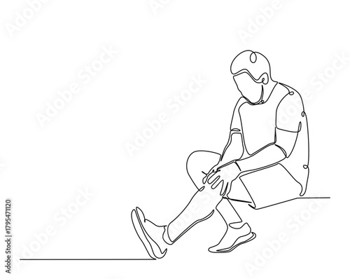 Man struggle with leg injury outline illustration. Continuous line drawing of man hold his knee.