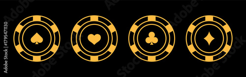 Vector illustration of a poker chip set with different suit symbols instead of denominations. Flat style, colorful chips for casino, poker, and gambling projects.
