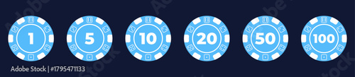 Vector illustration of a poker chip set with different designs and denominations. Flat style, colorful and modern chips for casino, poker, and gambling projects.