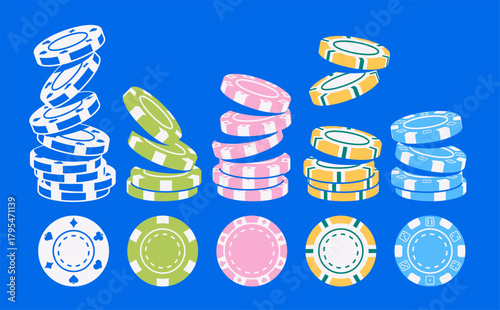Vector illustration of a poker chip set with different designs and denominations. Chips in stacks, flat style, colorful and modern for casino, poker, and gambling projects.