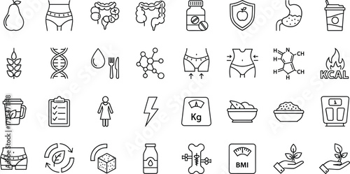 Extensive collection of flat line vector icons in black and white featuring concepts related to healthy eating, weight management, digestion, supplements, and overall body wellness.
