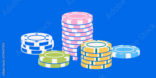 Vector illustration of a poker chip set with different designs and denominations. Chips in stacks, flat style, colorful and modern for casino, poker, and gambling projects.