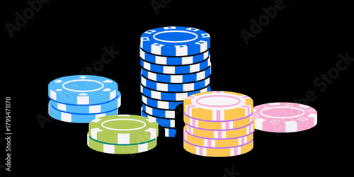 Vector illustration of a poker chip set with different designs and denominations. Chips in stacks, flat style, colorful and modern for casino, poker, and gambling projects.
