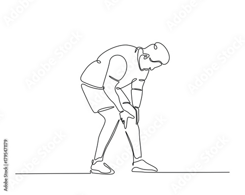 Man struggle with leg injury outline illustration. Continuous line drawing of man hold his knee.