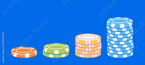 Vector illustration of a poker chip set with different designs and denominations. Chips in stacks, flat style, colorful and modern for casino, poker, and gambling projects.