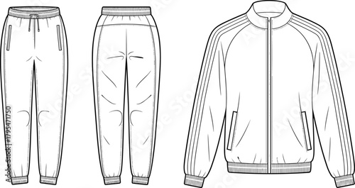 Technical flat fashion sketch of a zipped track jacket with contrasting stripes on raglan sleeves and matching jogger pants with seam details, perfect for modern activewear design templates.