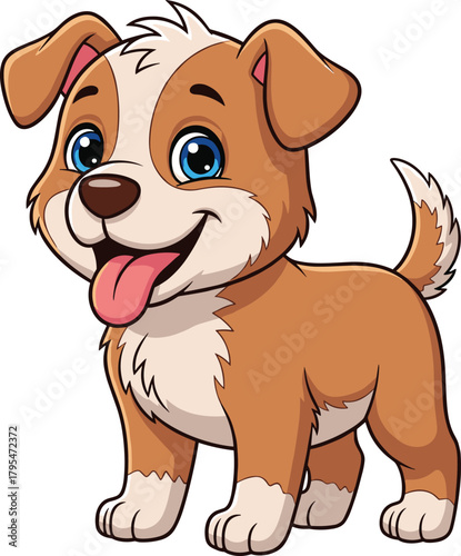 Cartoon puppy illustration, cute happy dog, light brown fur, white patches, smiling pet character, vector animal art, white background