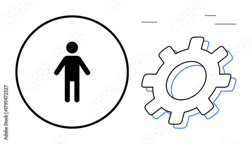 Human figure inside outlined circle beside gear, symbolizing teamwork, innovation, and interaction. Ideal for leadership, technology collaboration, human resources, workflow, automation engineering