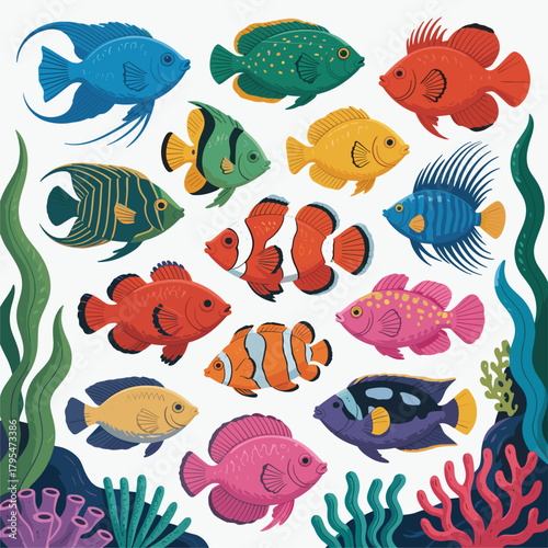 Vibrant collection of diverse colorful tropical fish swimming in clear blue ocean water among lively coral reef plants