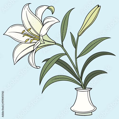 White vector illustration of lily of the valley flowers with leaves and branches in a spring garden vase object