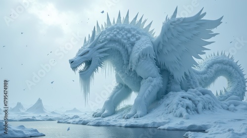 Majestic Ice Dragon Sculpture in Arctic Landscape.