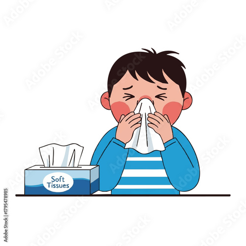 Sick boy blowing nose with tissues on table