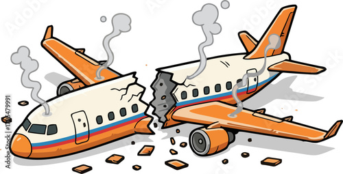 Cartoon Orange Airplane Crash Vector Illustration – Broken Plane Split in Half, Wreckage