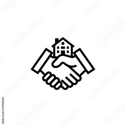 Real Estate Handshake Deal Icon. Property Agreement, Home Buying and Selling, Mortgage, Investment, Partnership Symbol.