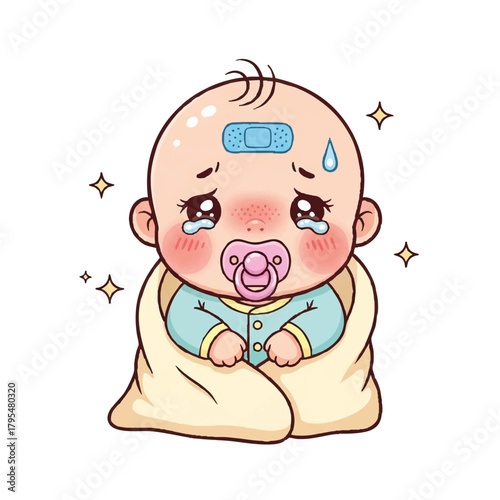 Crying baby with bandage and pacifier