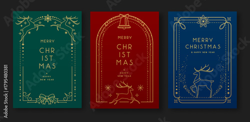 Set of modern Christmas frames or holiday greeting cards on emerald green, red and blue backgrounds. Line art vector illustration