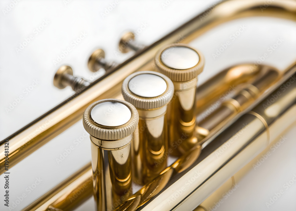 Obraz premium Close up of golden trumpet valves and tubing against a bright neutral background tone
