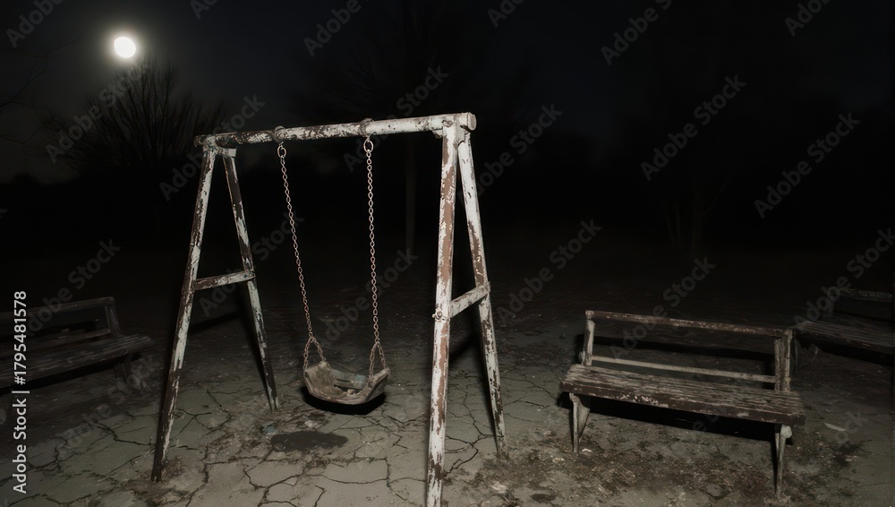 Fototapeta premium Eerie Playground at Night - Swing Set and Bench in Moonlight.