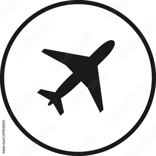 Airplane icon in a circle, black silhouette vector graphic symbol for travel, flight, aviation, and transport.