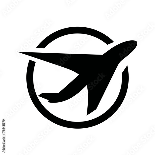 Black silhouette of an airplane taking off within a circular icon. Generic vector graphic for travel, aviation, transport, and flight concepts.