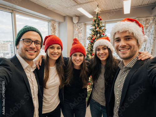 Team of Coworkers Taking a Christmas Selfie in a Festively Decorated Office with Holiday Hats and Bright Lighting
