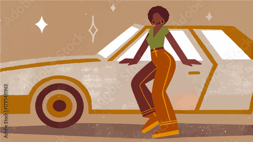 A retro-style scene with a confident young woman posing beside her car, soft vintage lighting, film grain, warm tones, and classic 80s–90s nostalgic atmosphere.