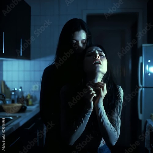 Tense Horror Thriller Scene with Frightened People in Domestic Setting