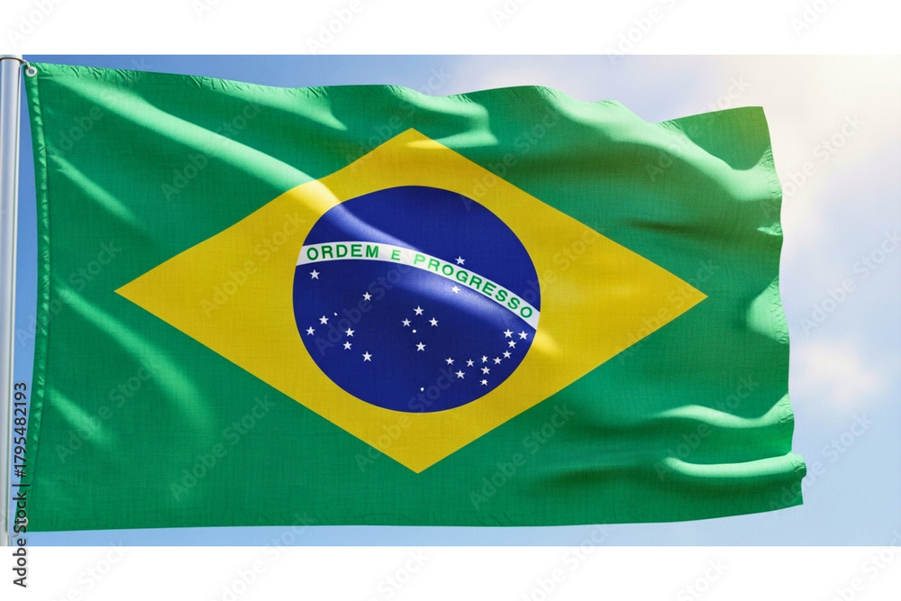 Fototapeta premium Brazil National Flag Waving in Wind Over Bright Sky, Green, Yellow, and Blue Emblem