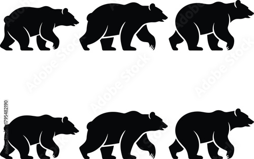 Six bold black bear silhouettes walk in unison across a clean white background, perfect for nature or wildlife themes.