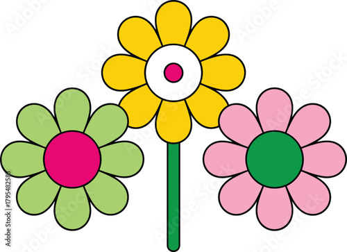 Vibrant trio of cheerful daisies in yellow, pink, and green radiate playful positivity and springtime joy for your designs