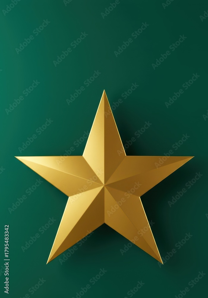 Obraz premium Shiny metallic golden five-pointed star centered on a vibrant, deep emerald green solid background, representing success and excellence, universal, simple, holiday